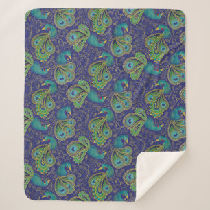Peacock Paisley Pattern Blue Sherpa Blanket