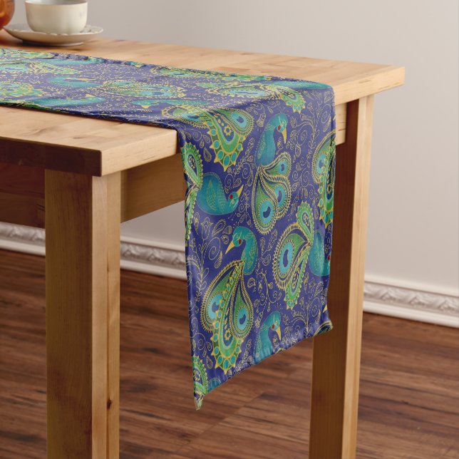 Peacock Paisley Pattern Blue Short Table Runner (In Situ)