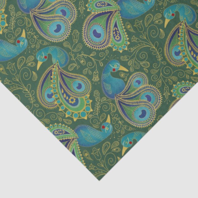 Peacock Paisley Pattern Green Tissue Paper (Detail)