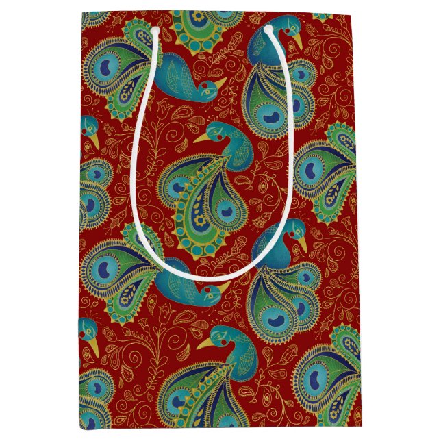 Peacock Paisley Pattern Red Medium Gift Bag (Front)