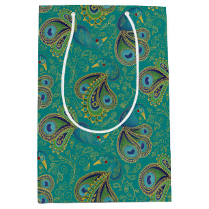 Peacock Paisley Pattern Teal Medium Gift Bag
