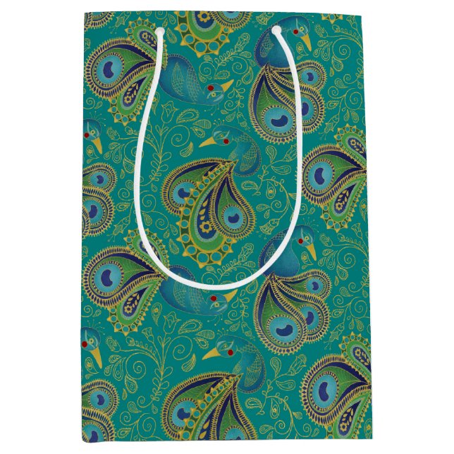 Peacock Paisley Pattern Teal Medium Gift Bag (Front)