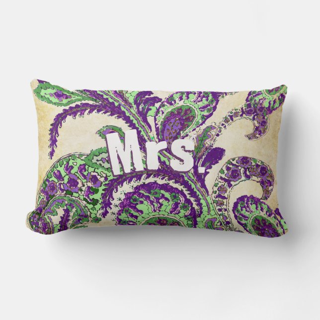Peacock Paisley Purple and Green Choose Colours Lumbar Cushion (Front)