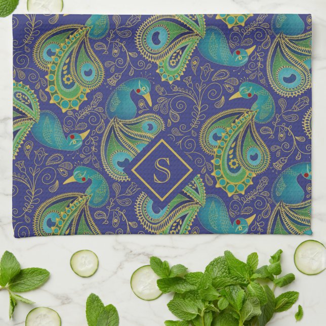 Peacock Paisley Royal Blue Monogram Tea Towel (Folded)