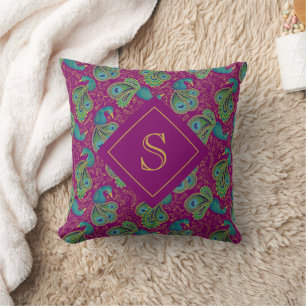 Peacock Paisley Royal Pink Fuchsia Monogram Cushion