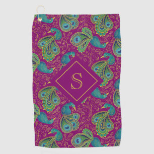 Peacock Paisley Royal Pink Fuchsia Monogram Golf Towel