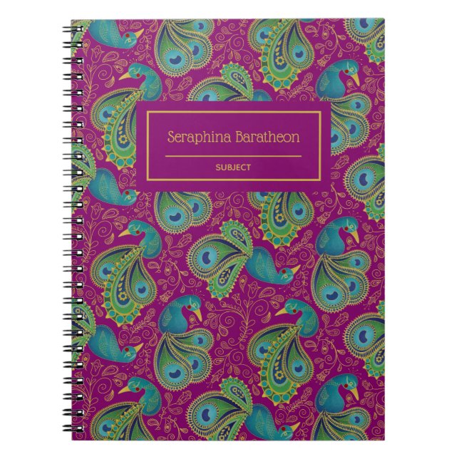 Peacock Paisley Royal Pink Fuchsia Monogram Notebook (Front)