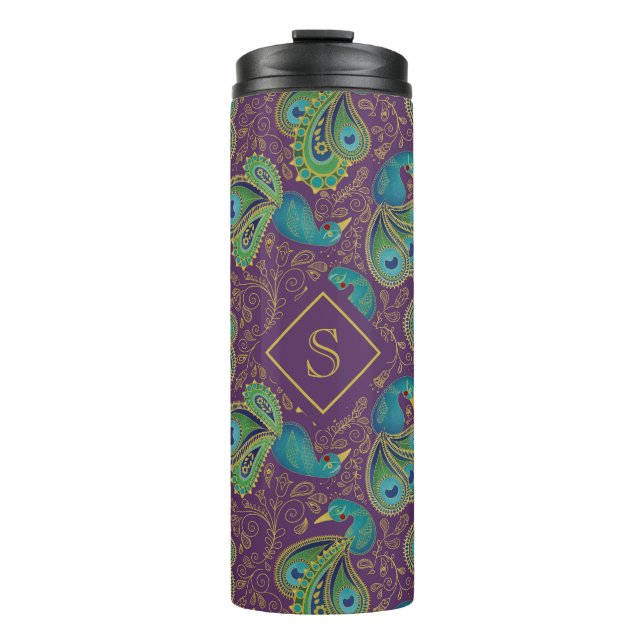Peacock Paisley Royal Purple Monogram Thermal Tumbler (Front)