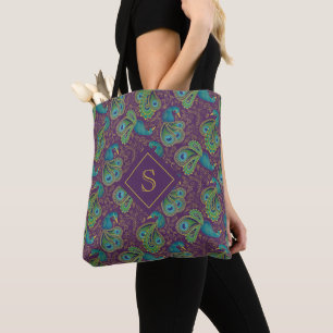 Peacock Paisley Royal Purple Monogram Tote Bag