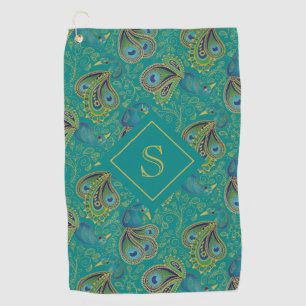 Peacock Paisley Royal Teal Monogram Golf Towel