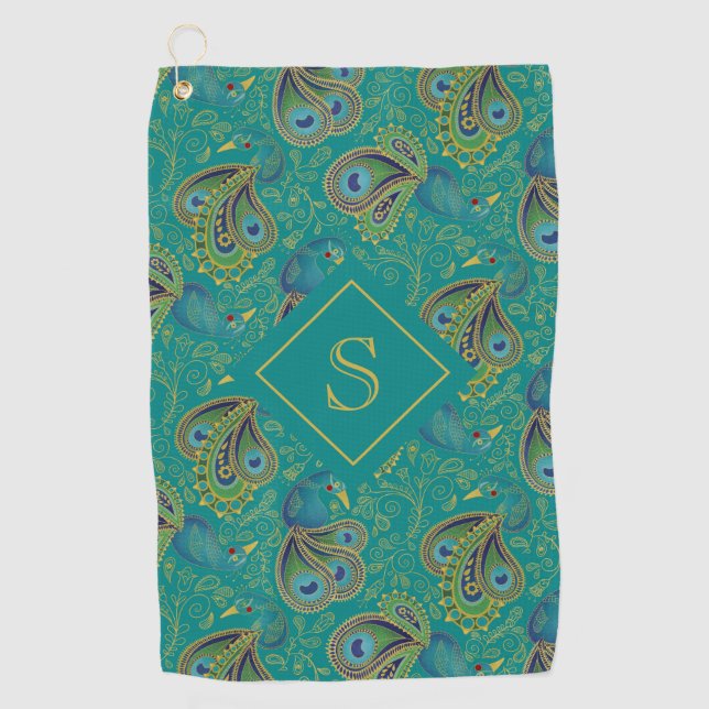 Peacock Paisley Royal Teal Monogram Golf Towel (Front)