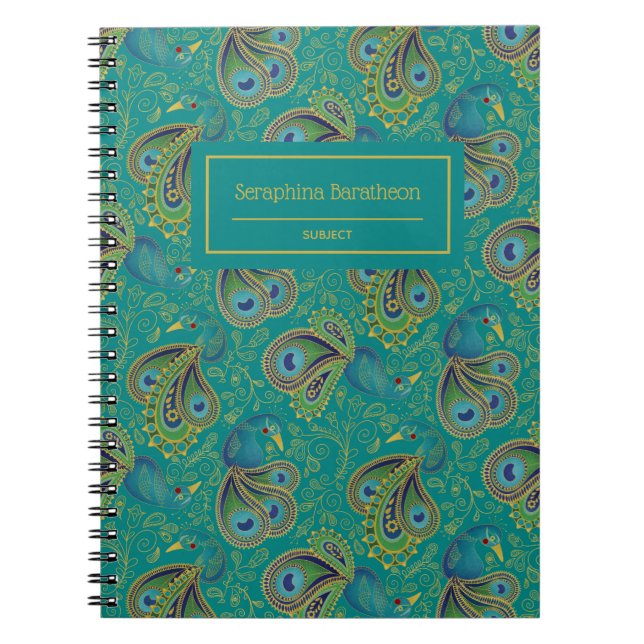 Peacock Paisley Royal Teal Monogram Notebook (Front)