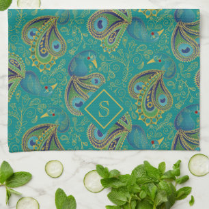 Peacock Paisley Royal Teal Monogram Tea Towel
