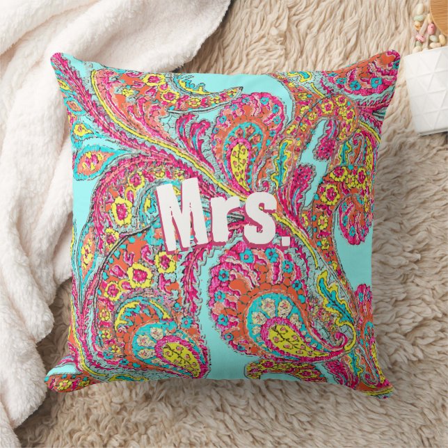 Peacock Paisley Tangerine Mustard Yellow Brides Cushion (Blanket)