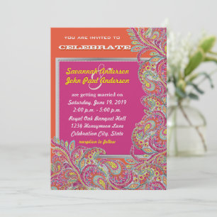 Peacock Paisley Tangerine Mustard Yellow Fuchsia Invitation