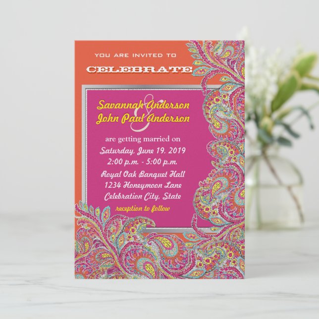 Peacock Paisley Tangerine Mustard Yellow Fuchsia Invitation (Standing Front)