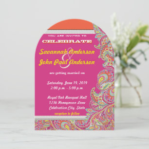Peacock Paisley Tangerine Mustard Yellow Fuchsia Invitation