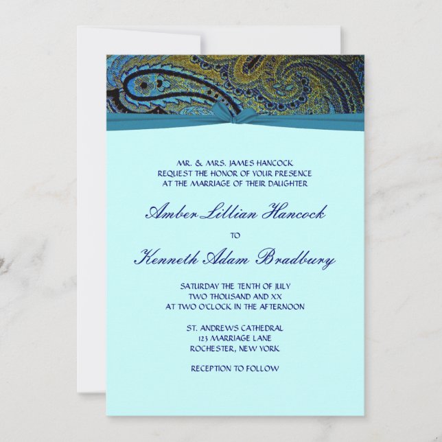 Peacock Paisley Teal Blue Wedding Invitations (Front)