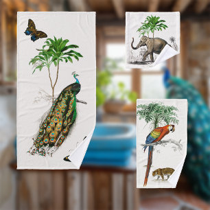 Peacock, Parrot and Elephant by D'Orbigny Bath Towel Set