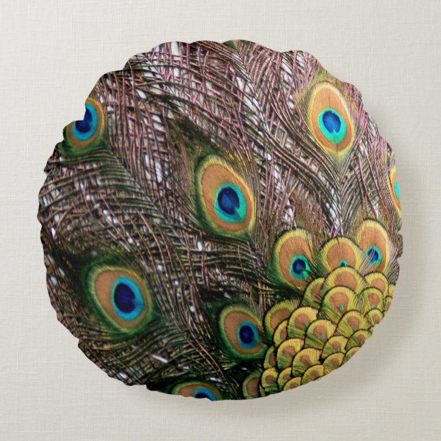 Peacock Peafowl Eyes and Feathers Round Cushion (Front)