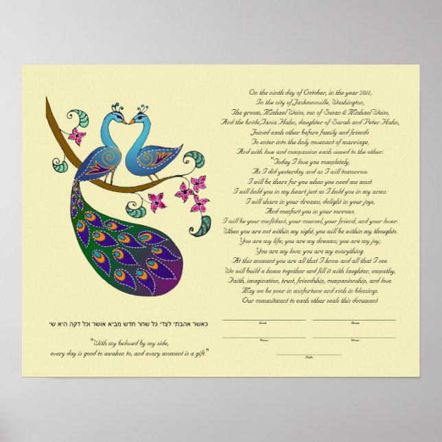 Peacock-Peahen in Love ketubah, kantha Poster (Front)
