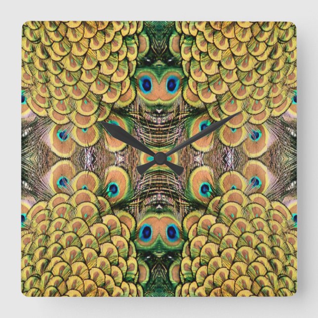 Peacock Peahen Peafowl Feathers Colourful Mirror Square Wall Clock (Front)