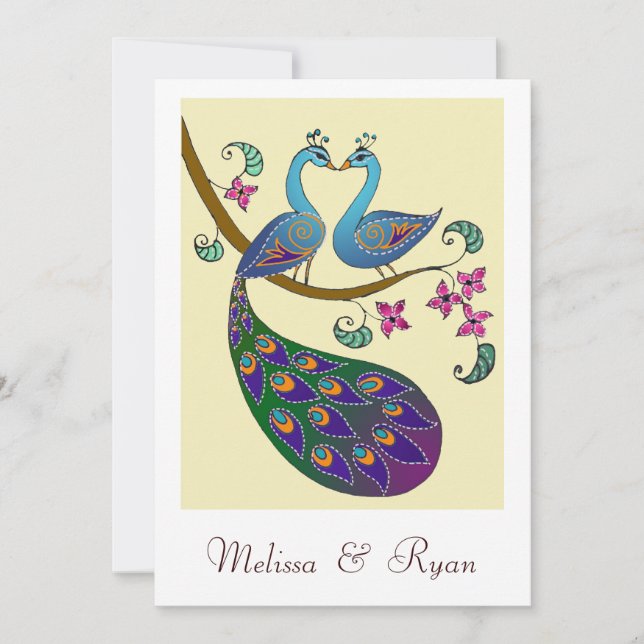 Peacock & Peahen Wedding invitation (kantha/ivory) (Front)