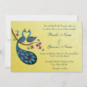 Peacock -Peahen Wedding invitation, mustard yellow Invitation