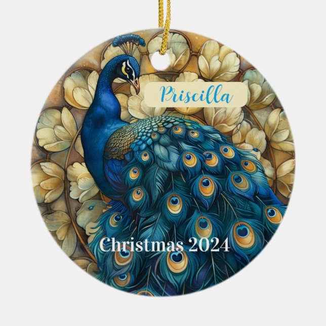 Peacock Personalised Christmas Ornament (Front)