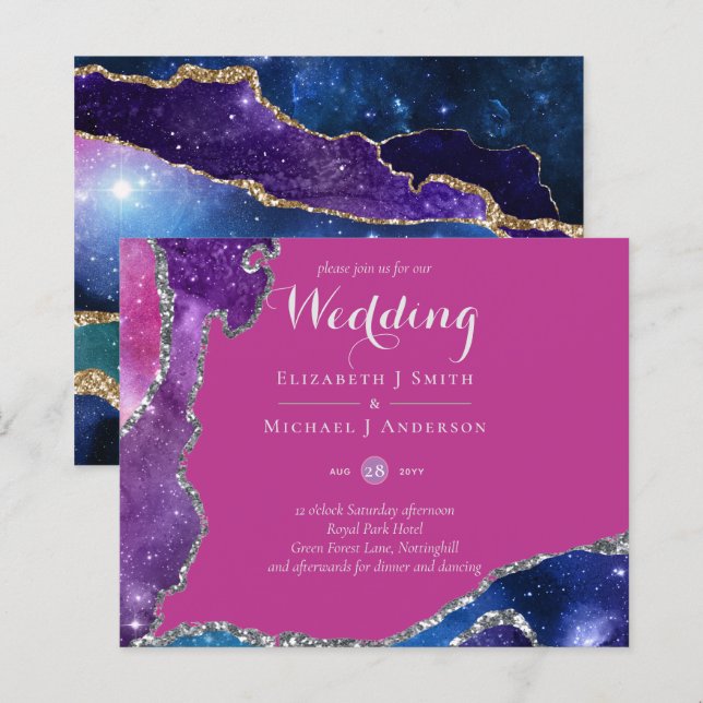 Peacock Pink Blue Agate Wedding Invite BUDGET (Front/Back)