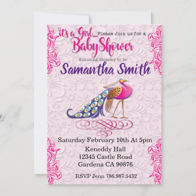 Peacock pink floral Baby shower invitation (Front)