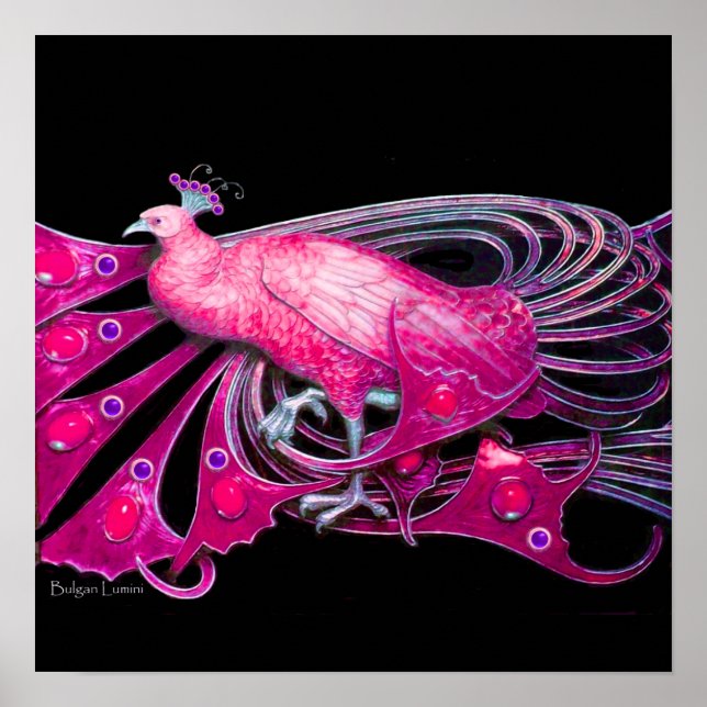 PEACOCK ,pink, fuchsia ,blue purple black Poster (Front)