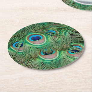 Peacock plumage round paper coaster
