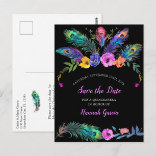 Peacock Plume-Flowers Black Quinceañera Save Date Postcard