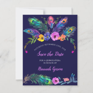 Peacock Plume-Flowers Quinceañera Save The Date