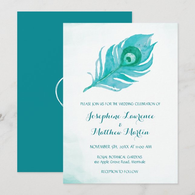 Peacock Plume Monogram Wedding Invitations (Front/Back)