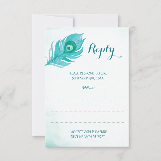 Peacock Plume Monogram Wedding Reply Cards (Front)