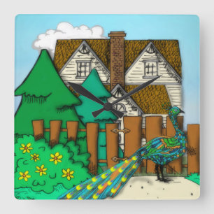 Peacock Pop Square Wall Clock