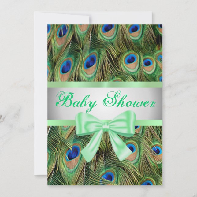 Peacock Print Green Bow Baby Shower Invitation (Front)