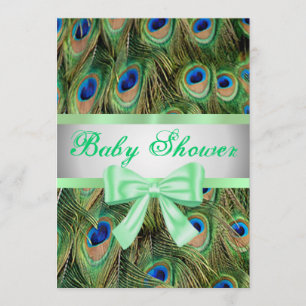 Peacock Print Green Bow Baby Shower Invitation