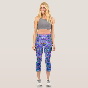 Peacock Purple, Blue and Green Marbled Look Leggin Capri Leggings