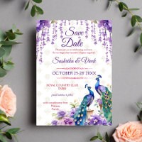 Peacock purple flower Indian wedding save the date