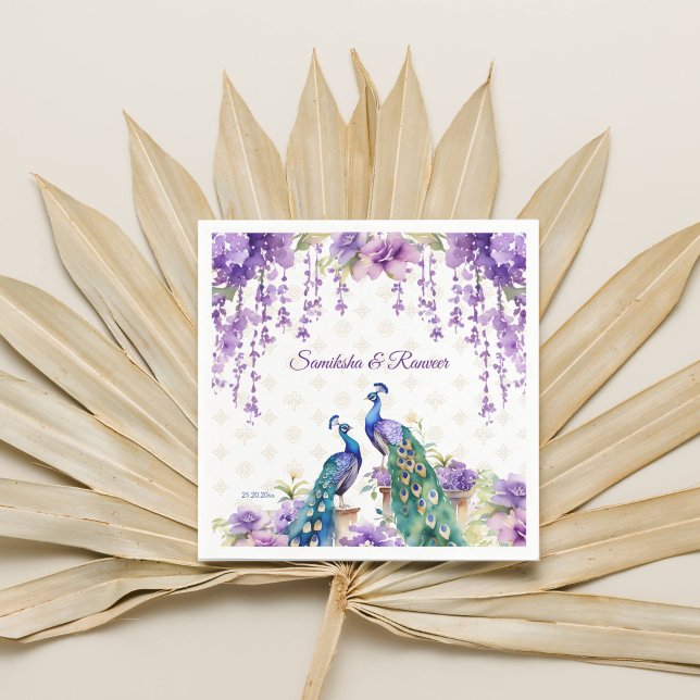 Peacock purple flowers Indian wedding tableware Napkin (Peacock purple flowers Indian wedding tableware personalized template napkins wisteria gardens)