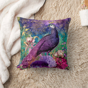 Peacock Purple Teal Floral Throw Pillow