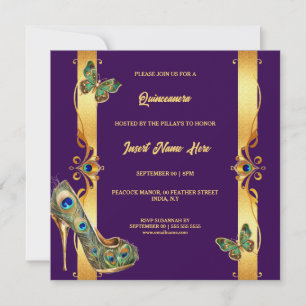 Peacock Quinceañera gold purple glam feathers Holiday Card