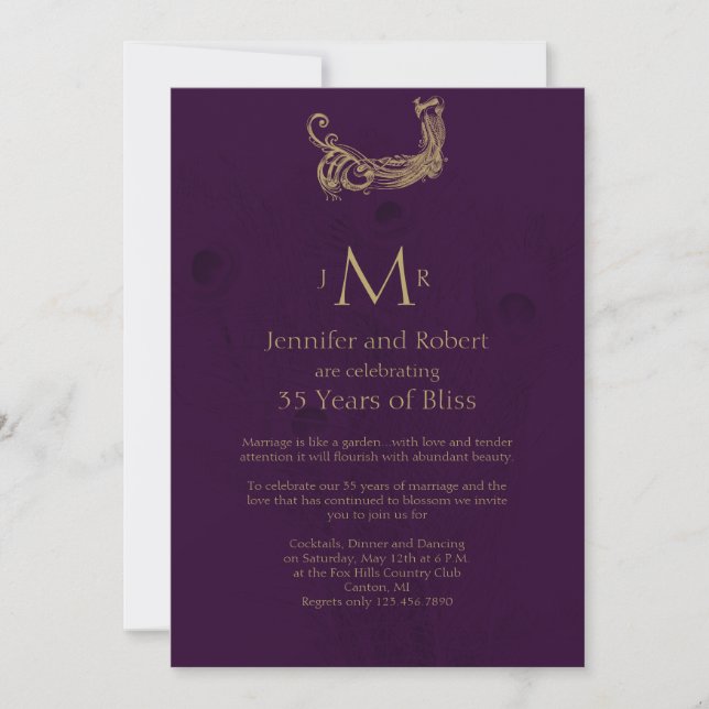 Peacock Regency in Purple Wedding Anniversary Invitation (Front)
