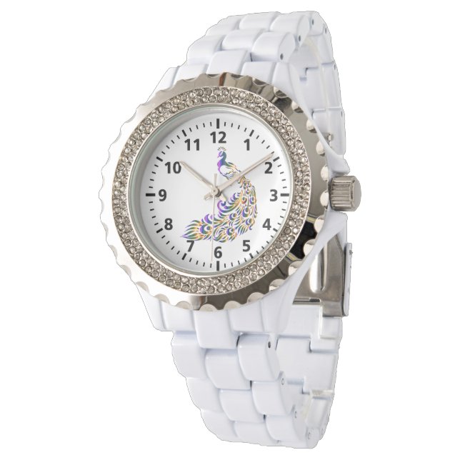 Peacock Rhinestone White Enamel Womens Watch (Angled)