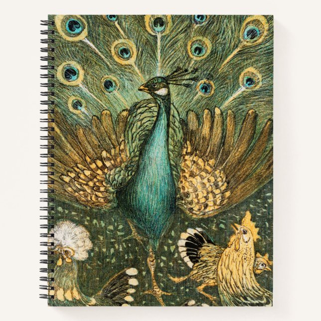 Peacock Rooster Illustrated Print Spiral Notebook  (Front)