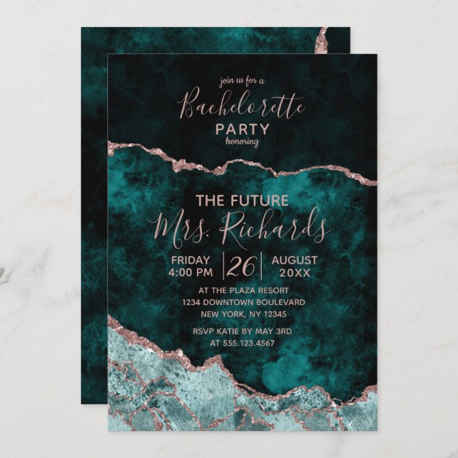 Peacock & Rose Gold Bachelorette Party Invitation (Front/Back)