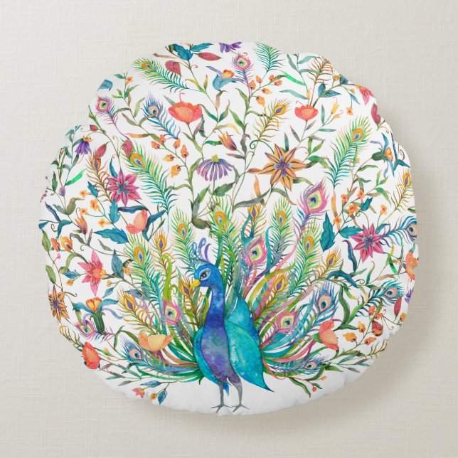 Peacock Round Throw Pillow (Front)